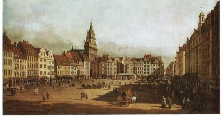 Atvirukas su Canaletto paveikslo „Senasis Dresdeno turgus“ reprodukcija, VDR.